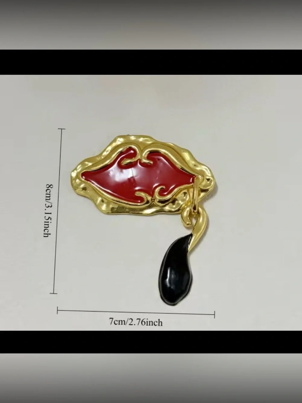 Schiaparelli Inspired Gold-Tone Red Lip & Black Teardrop Statement Brooch
